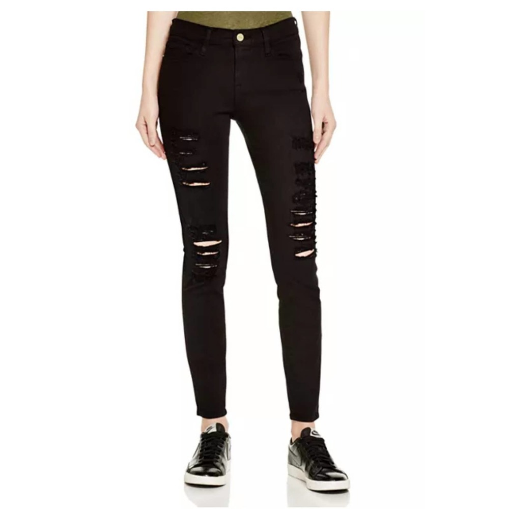 FRAME | LE SKINNY DE JEANNE DISTRESSED BLACK DENIM DESIGNER JEANS WOMEN SIZE 27